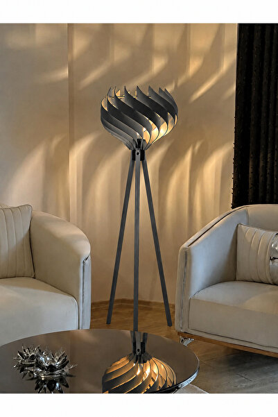 Ferisa Home Modern Ahşap Antrasit Lambader Tripod Ayaklı Dekoratif Salon Lamb...