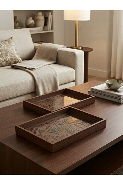 Generic Rectangular Dark Brown Wooden Serving Tray Set with Handles on Sides ...