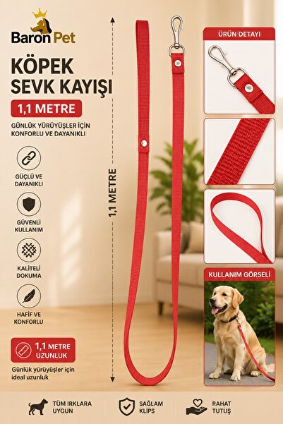 Baron Pet Köpek Sevk Kayışı 1,1 Metre Kırmızı Düz Dokuma Metal Klipsli Tüm Ir...