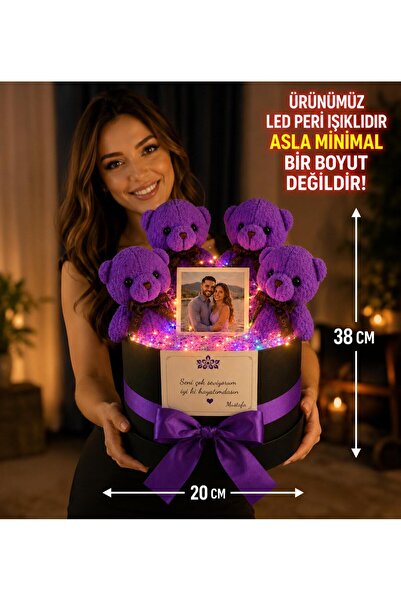 Ayıcık Buketi Silindir Kutuda Peri Led Işıklı Size Özel Fotoğraf Baskılı