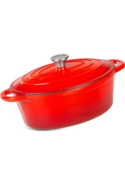 Solplant Oala de fonta ovala, emailata cu capac, maner din inox, rosie, 4.4 L,