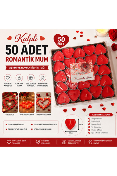 tealıght Kırmızı 50’li Kalpli Mum Evlilik teklifi Yıl dönümü Romantik Süsleme