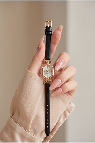 KLISHE Kadın Saat Gold Renk Siyah Deri Kordon Vintage Saat Old Money Luxury K...