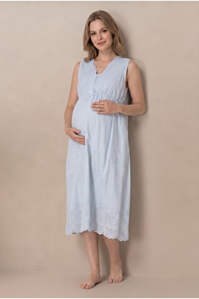 LOHOUSE Women's Blue Scallop Lace Maternity Nightgown Set for Easy Breastfeeding