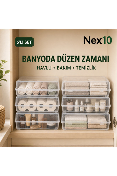 Nex10 6-Piece Bathroom Organizer with Transparent Lid, Stackable Storage Box ...