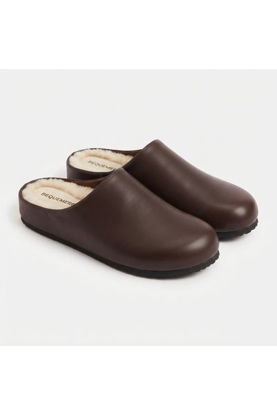 Bequemere Mw410 Brown Genuine Leather with Real Wool Inside, Winter Full-Cover Cork Sole Unisex Orthopedic Sabo Slippers