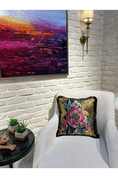 Genel Markalar Salsa Çiçek Desenli Püsküllü Dekoratif Kırlent Kılıfı 45x45 cm