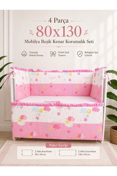bebek_iklimi Pink Ruffled 80X130 Furniture Crib Protector Set - 4 Piece Dream Series
