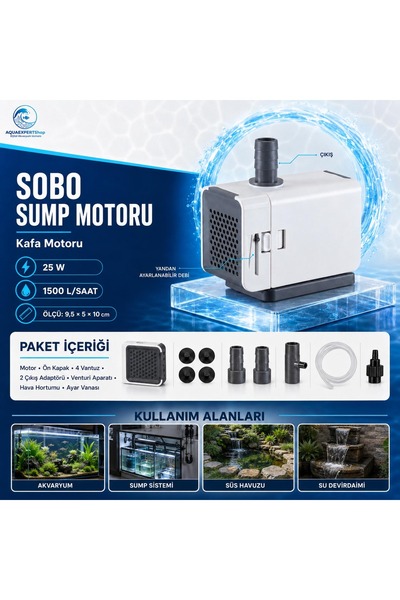 Sobo Akvaryum Sump Motoru - Kafa Motoru - Ayarlanabilir Su Çıkışı - 25W - 150...