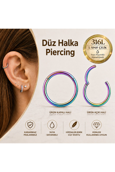 Heppii 316L Cerrahi Çelik Düz Halka Piercing 1.2 mm – 6 8 10 12 mm İç Çap Hel...