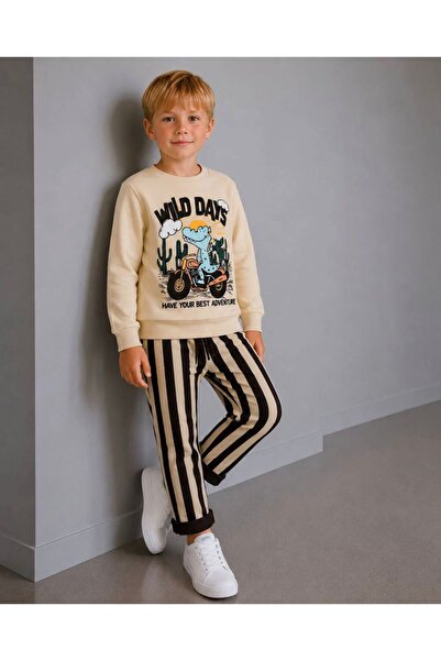 is kids wear Erkek Çocuk Krem 'Wild Days' Timsah Baskılı Sweatshirt Ve Çizgil...