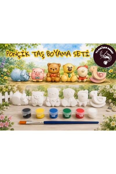 Ponçik Taş Boyama Seti (6 Obje + 6 Renk Boya + 1 Fırça + Boyama Sertifikası)