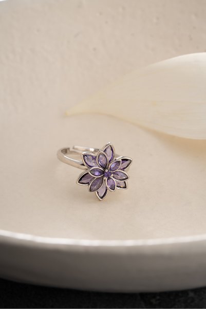 Silvano Jewelry 925 Ayar Gümüş Amatist Taşlı Lotus Yüzük