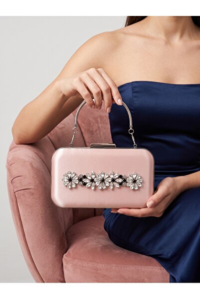Biçanta Powder Pink Satin Silver Detailed Crystal Stone Chain Strap Women's E...