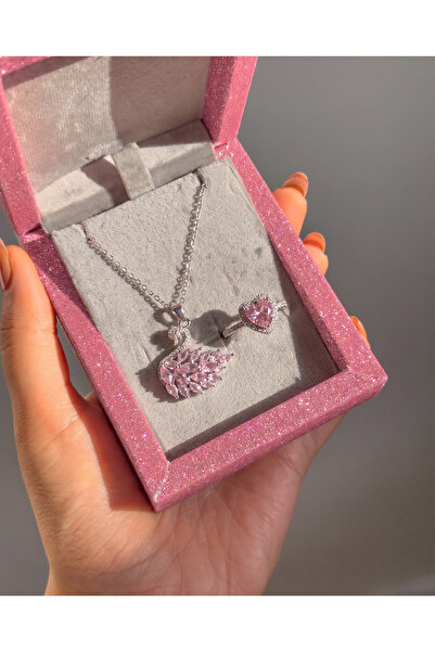 Gleemy accesories Pembe Zirkon Taşlı Romantik Kuğu Kolye & Kalp Yüzük Seti