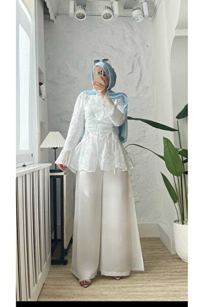 Vintage Dantel Dokulu İthal Coton Bluz - Beyaz