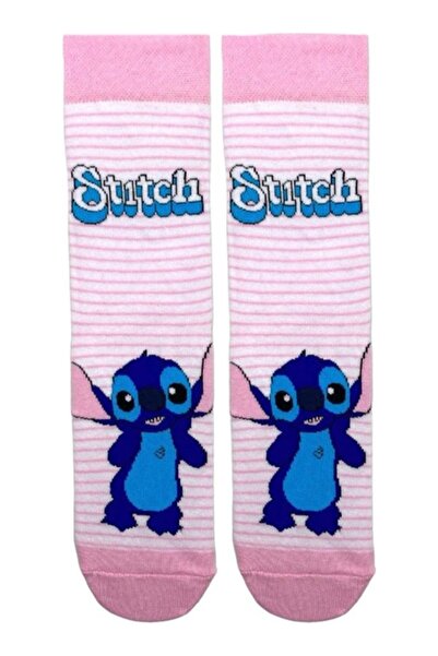MERTİNWORLD SOCKS Mertinworld Stitch Pembe Cizgili Soket Çorap Unisex Pamuklu...