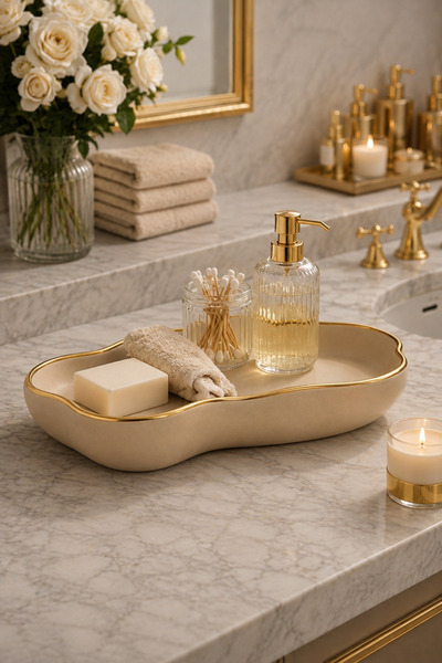 Sabletscrafts Bej Gold Kenarlı Dekoratif Tepsi El yapımı Taş Tozu– Dalgalı Fo...