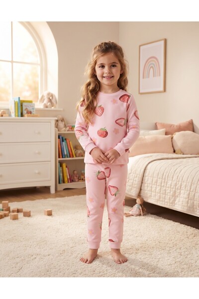 Little D&E Girl's Strawberry Patterned 100% Cotton Pink Pajama Set