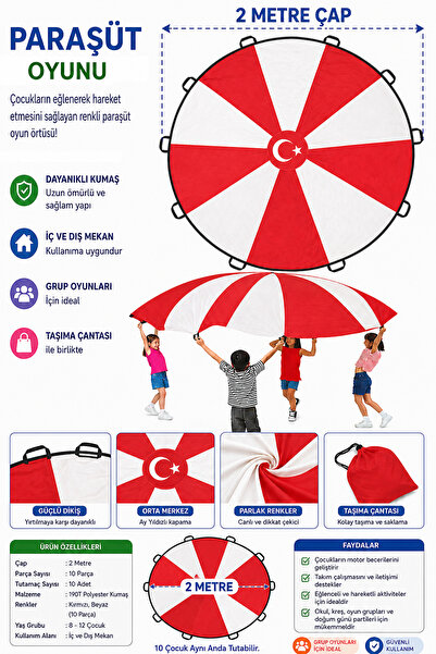 KAŞIKBEY 200 CM Ay Yıldız Kırmızı Beyaz Gösteri Paraşütü Aktivite Gelişim Ana...