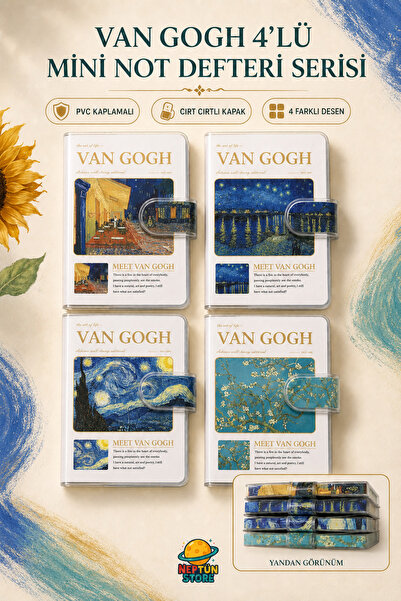neptünstore Van Gogh Desenli Mini Not Defteri 4’lü Set – PVC Kaplamalı Cırt C...