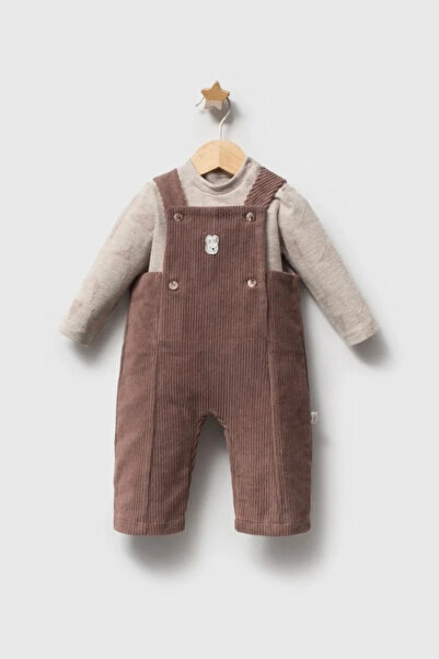 Tuğra Bebe Baby Boy Rabbit Embroidered Velvet Salopet and Long Sleeve Top 2-P...