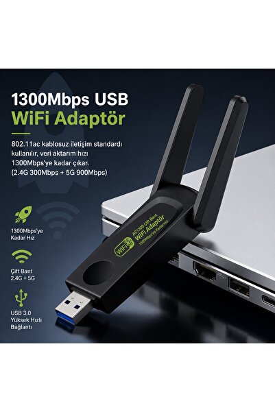 Zoli 1300Mbps Dual Band Çift Antenli USB WiFi Adaptör 2.4ghz/5ghz Çift Bant K...