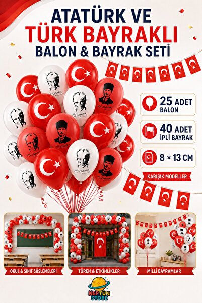 neptünstore Ataturk and Turkish Flag Printed Balloon Set 25 Pieces + 40-Piece...