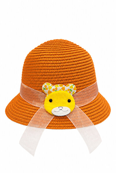 Jack Ferrero Cute Teddy Bear Detailed Orange Straw Beach Hat for Kids