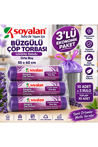 Soyalan Büzgülü Çöp Torbası Lavanta Kokulu Orta Boy 55x60 cm 3 Rulo 30 Adet
