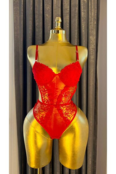 Store Kadın Dantel İşlemeli Transparan Body Çıtçıtlı İç Giyim Kırmızı – Deste...
