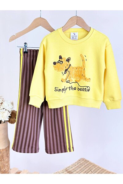 MİO Boy's Dog Printed Yellow Sweatshirt and Striped Wide-Leg Sweatpants Set