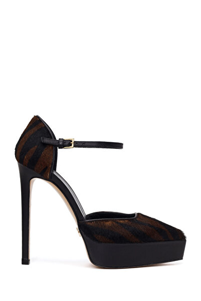 Derimod Women's Brown Ankle Buckle Platform Feather Detailed High Thin Heeled...