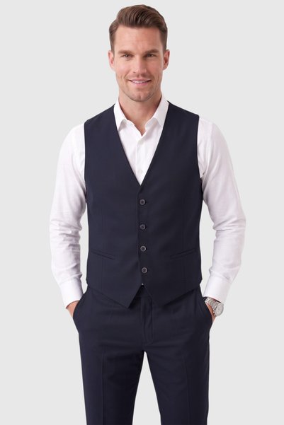 Rizz up Costum pentru bărbați, slim fit, în 3 piese, albastru închis, cu vestă, cu nasturi dubli, cu fante duble 26005