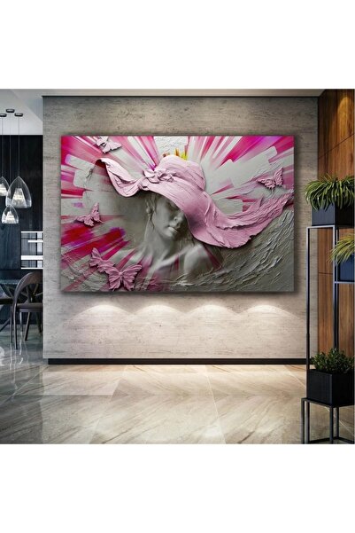 Genel Markalar Pembe Şapkalı Mermer Kadın Dekor Modern Sanat Kanvas Tablo