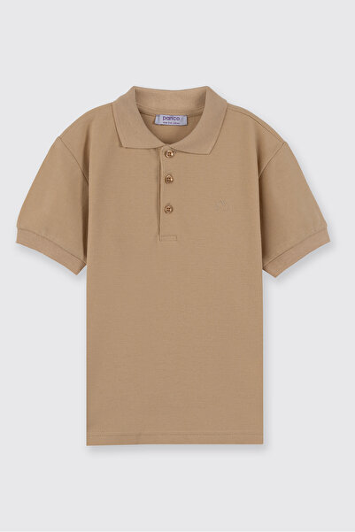 Panço Boy's Collared Short Sleeve Beige T-Shirt