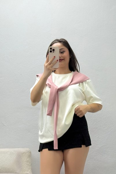 BELENDİR Women's Modal Fabric T-Shirt with Shawl Accessory Pink