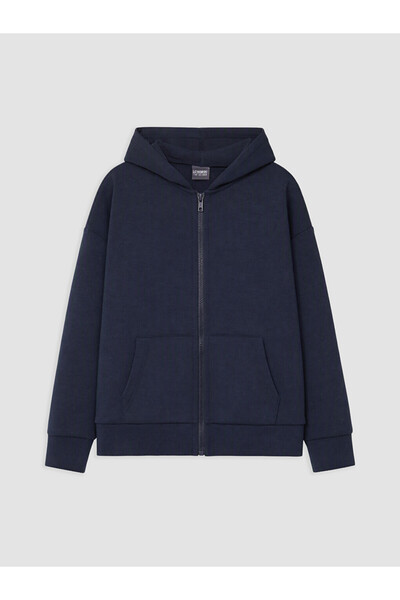 LC Waikiki Lacivert Kapüşonlu Kız Çocuk Soft Touch Fermuarlı Sweatshirt