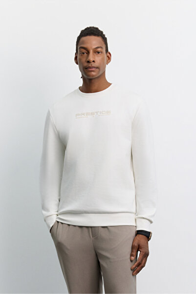 Avva Men's Ecru Crew Neck Puff Printed Interlock Sweatshirt A62Y1285