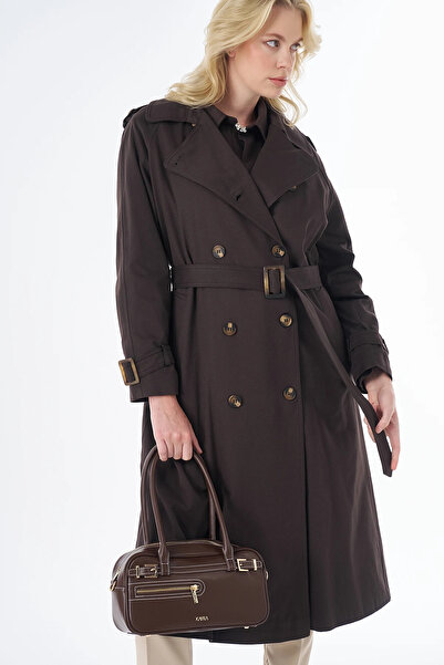 Kayra Buttoned Double-Breasted Trench Coat Brown