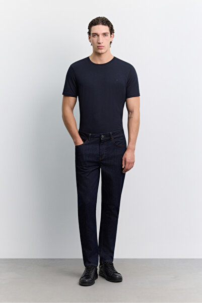 Avva Men's Navy Blue Antique Washed Cotton Jean Trousers A62Y3531