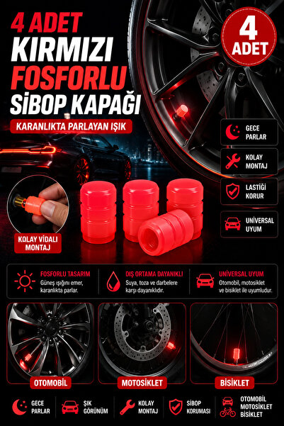 Hane Dostu 4 Adet Kırmızı Fosforlu Sibop Kapağı – Karanlıkta Parlayan Araç Mo...