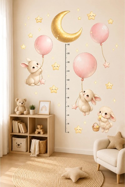 kutuTR Ay ve Balonlu Tavşan Boy Ölçerli Çocuk Odası Duvar Stickerı 50x100 cm ...