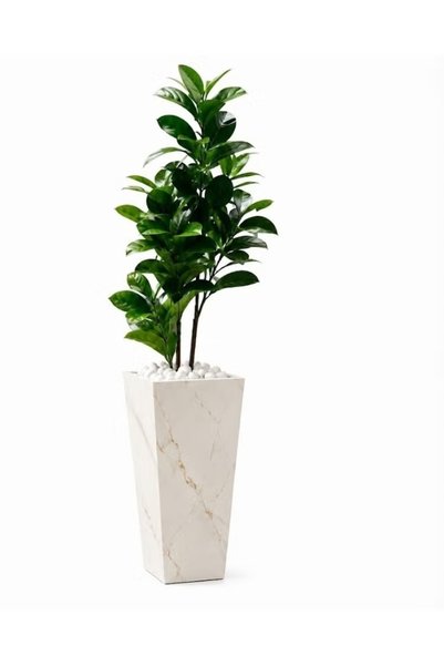 Generic Brand نبات داخلي اصطناعي مع وعاء زرع بمظهر الرخام الأبيض وحصى زخرفي، نبات أرضي واقعي بأوراق خضراء لتزيين المنزل والمكتب وغرفة المعيشة وغرفة النوم والديكور الداخلي