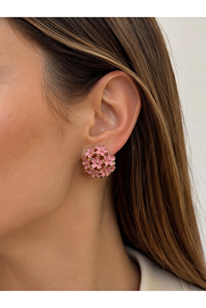 QUEENELA Pink Floral Gold Color Women's Earrings – Round Flower Bouquet Desig...