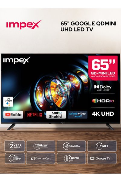 IMPEX تلفزيون ذكي 65 بوصة بنظام جوجل تي في، شاشة QD Mini LED بدقة 4K UHD، معد...