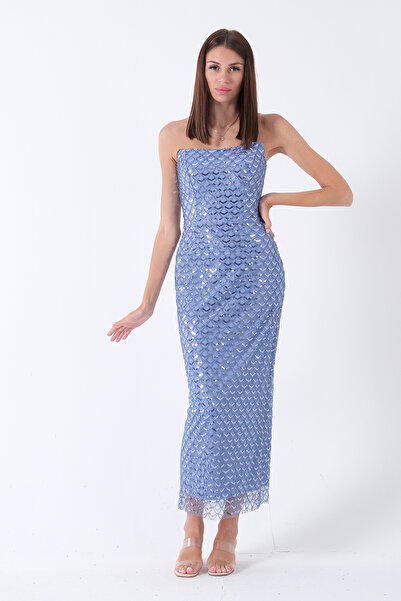 Feminist Midi Boy Straplez Pul Payet Abiye Mavi 0801134