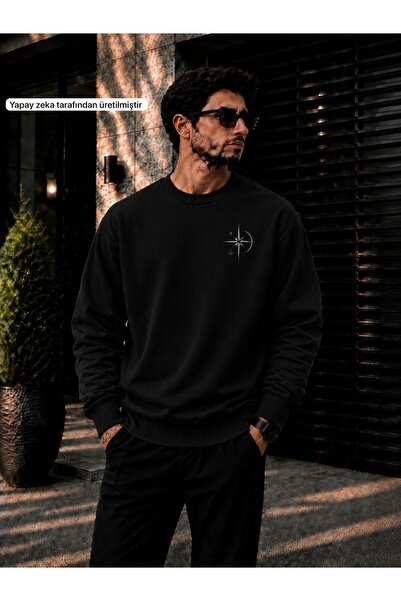 caddekombin Men's Minimal Star & Compass Printed Cycling Round Neck Casual Sw...