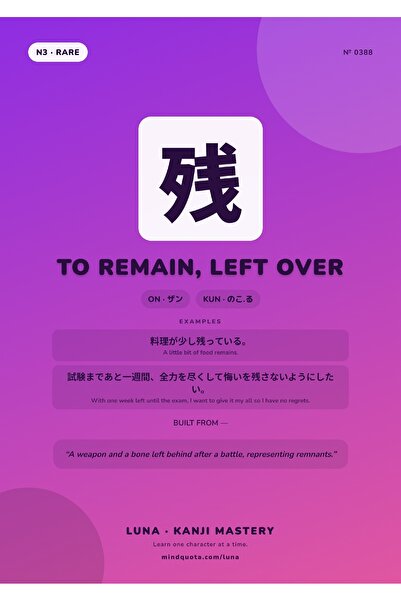 OEM Poster Kanji 残 a rămâne, a fi lăsat în urmă, Simbol Japonez, Carton 250g, A4