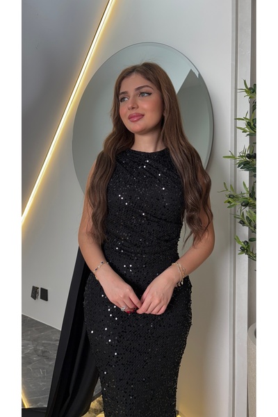 JAQUEEN Long Black Sequin Evening Dress